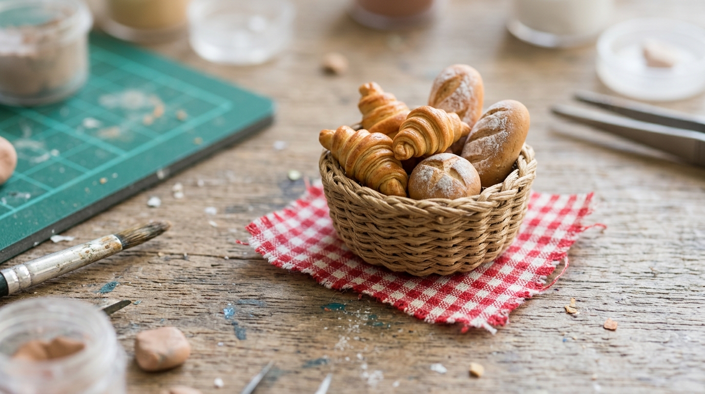 Tiny woven basket of miniature clay bread loaves and croissants on a checkered cloth