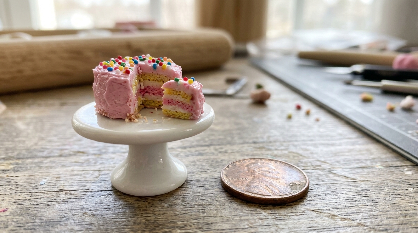 Clay dollhouse miniatures cake with pink frosting and sprinkles on a little white cake stand next to a coin