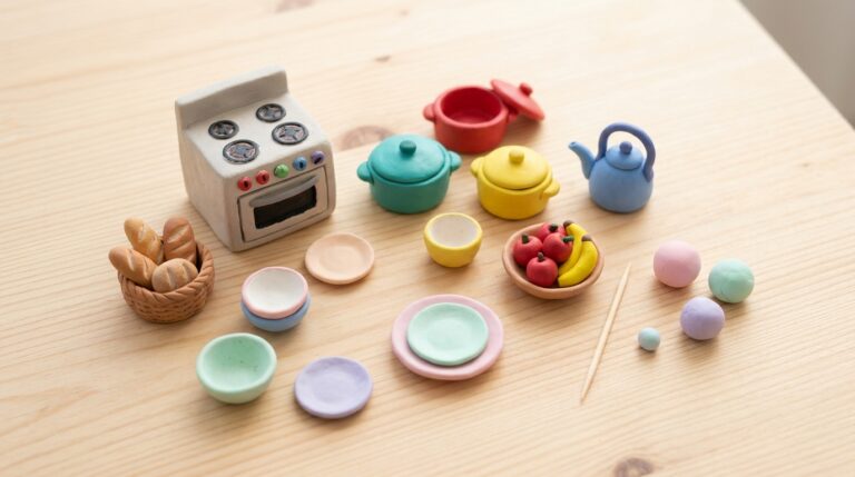 Clay dollhouse miniatures kitchen set with tiny pots, a kettle, plates, a fruit bowl, bread and a mini stove