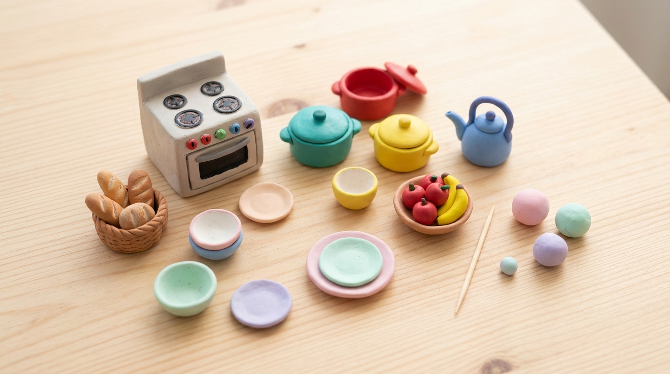 Clay dollhouse miniatures kitchen set with tiny pots, a kettle, plates, a fruit bowl, bread and a mini stove