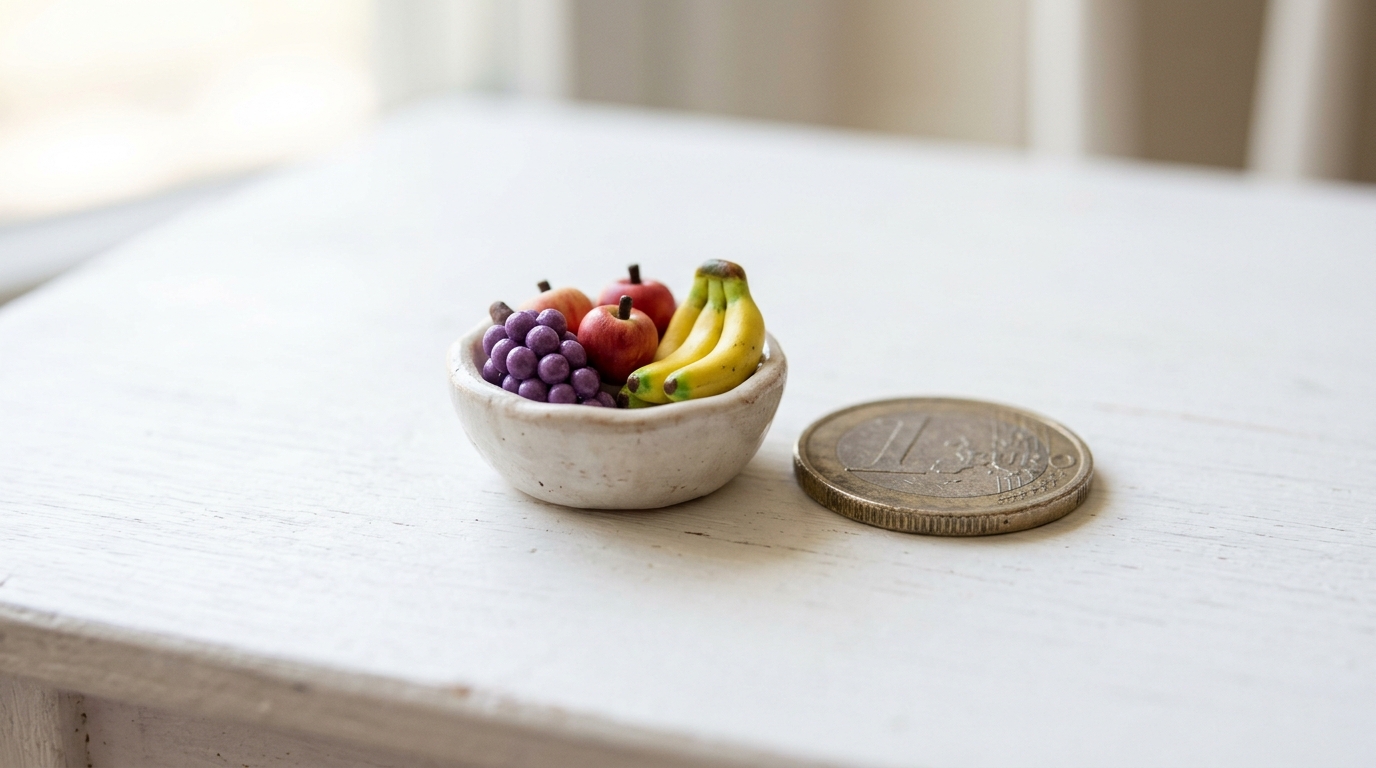 Tiny clay bowl filled with miniature red apples, yellow bananas and purple grapes next to a coin
