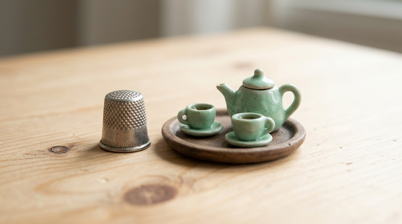 Miniature mint green clay kettle with two tiny tea cups on a small round tray beside a thimble