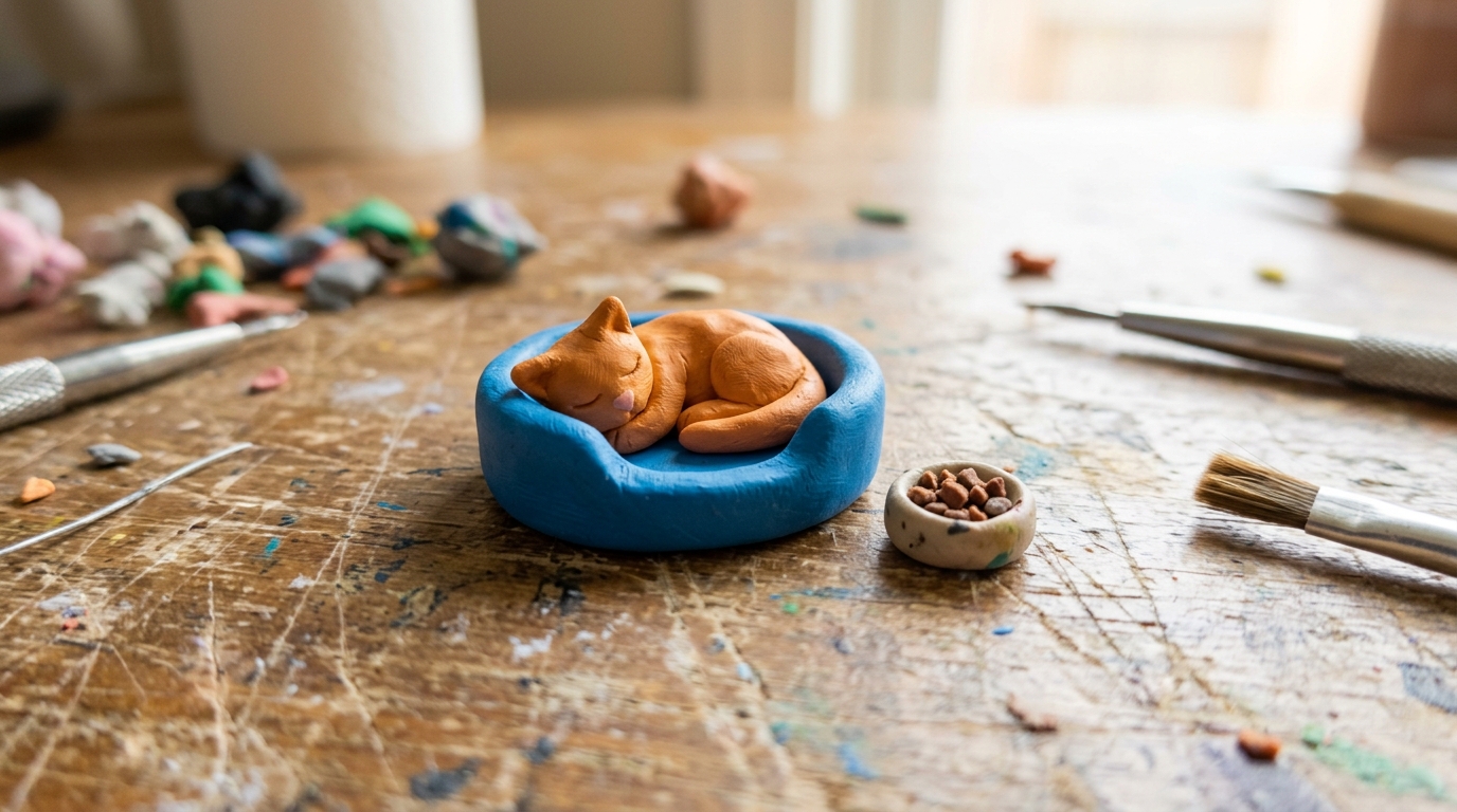 Tiny blue clay pet bed with a sleeping orange clay cat and a small food bowl