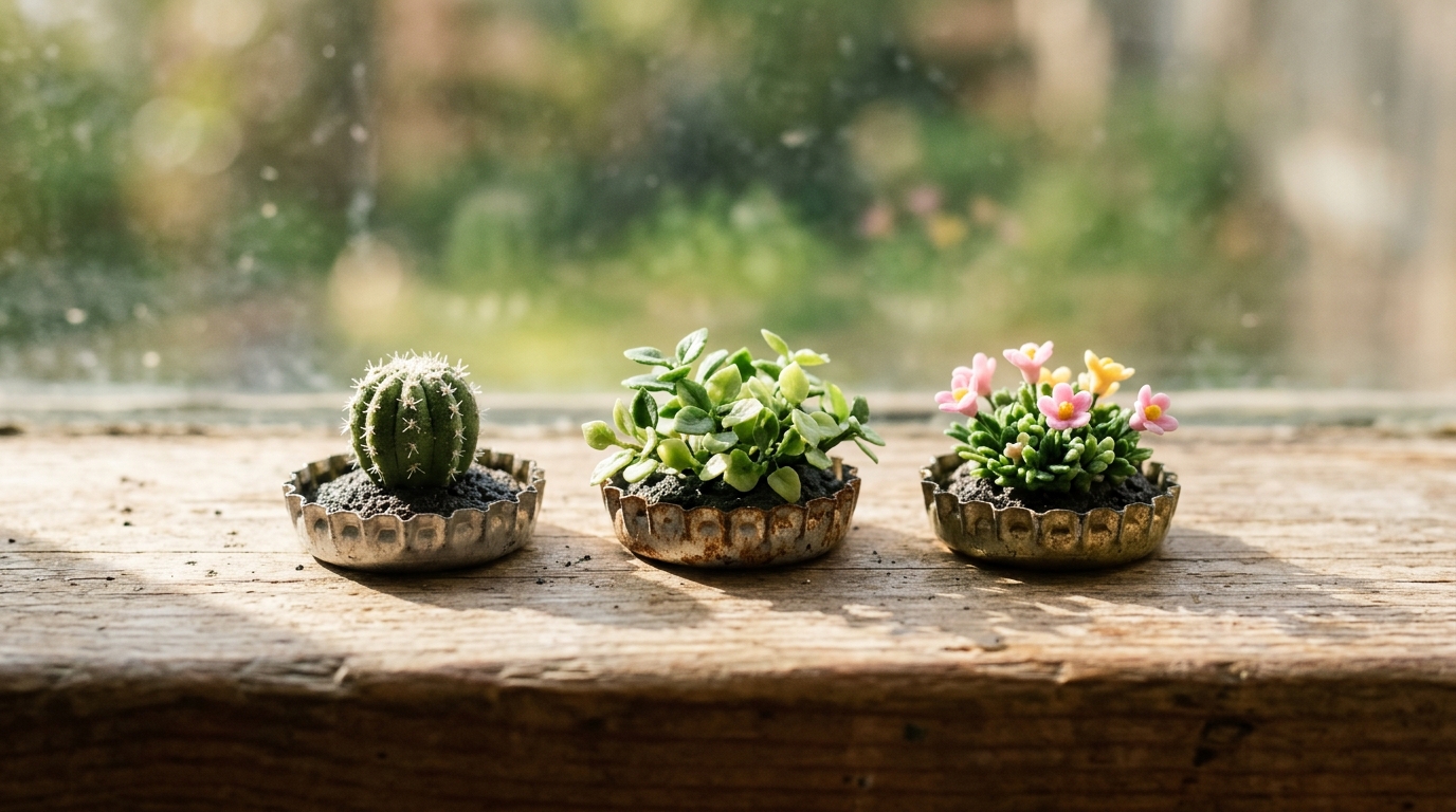 Clay dollhouse miniatures of a tiny cactus, a leafy plant and a flowering plant in bottle cap pots
