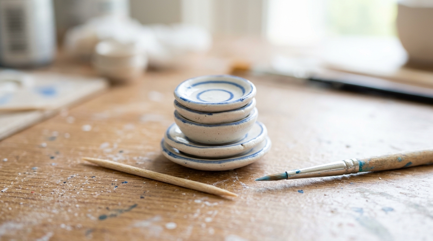 Stack of tiny white clay plates and bowls painted with thin blue stripes next to a toothpick