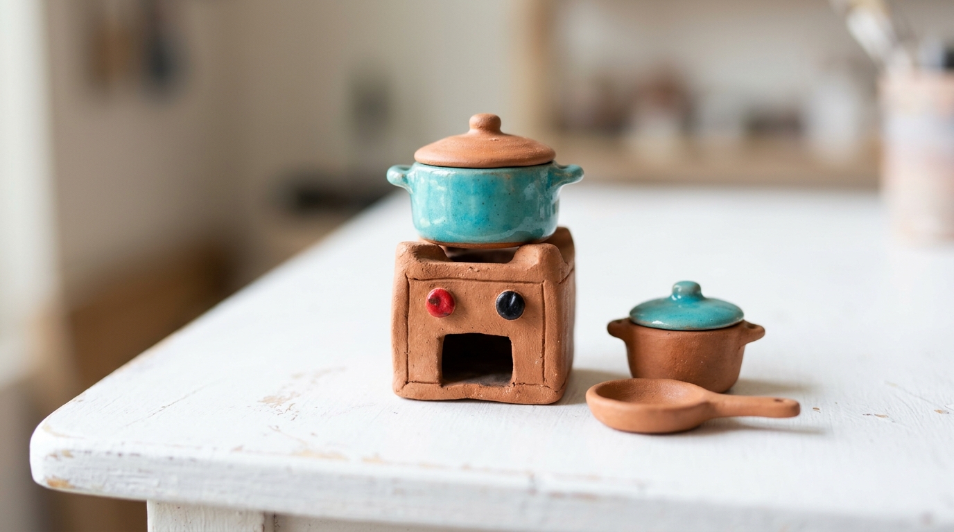 Clay dollhouse miniatures of turquoise and terracotta pots with lids sitting on a small clay stove