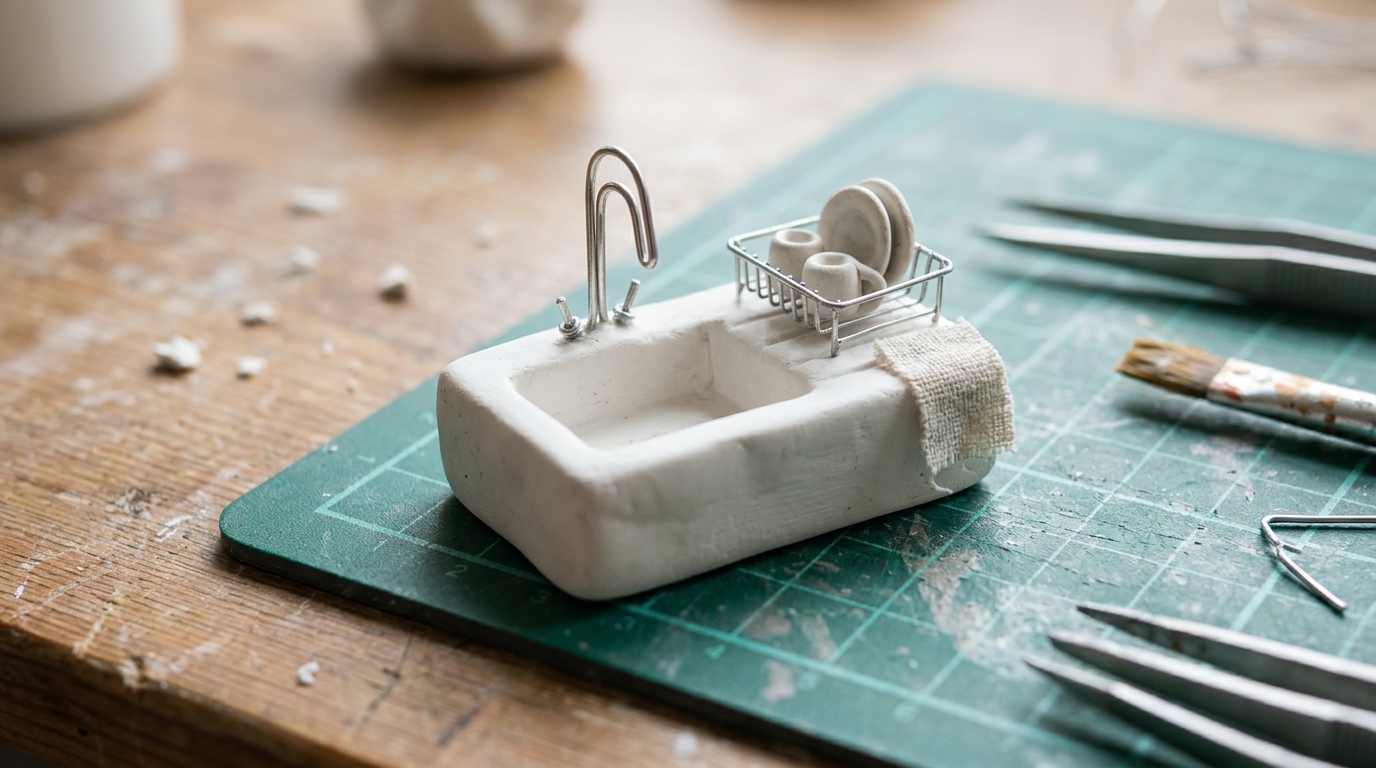 Tiny white clay dollhouse sink with a faucet made from a bent paper clip and a dish rack
