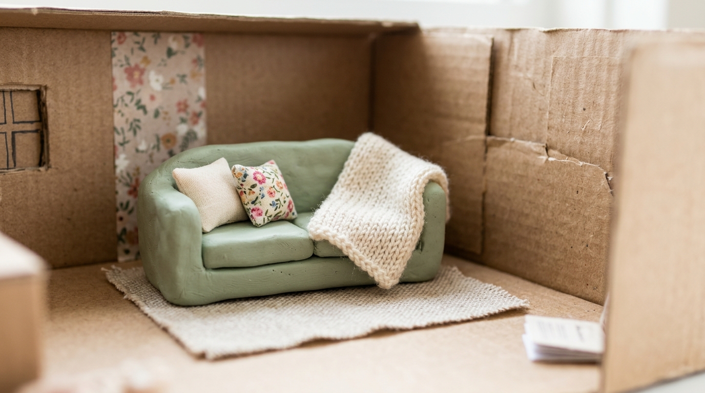 Tiny sage green clay dollhouse sofa with two cushions and a knitted throw in a shoebox room