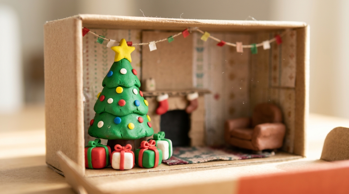 Clay dollhouse miniatures Christmas tree with dot ornaments and small wrapped clay gifts in a shoebox dollhouse room