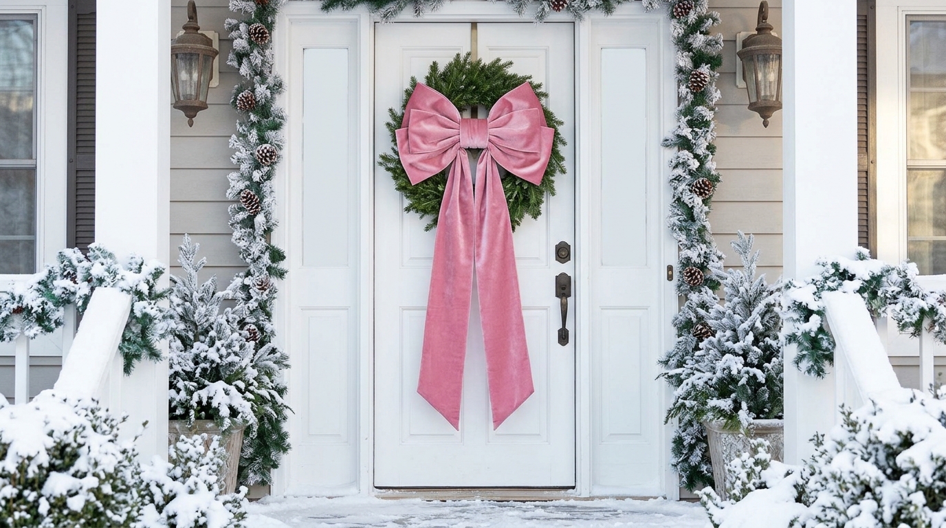 Pink Christmas decor with an oversized velvet bow with long tails on a white front door with a small green wreath