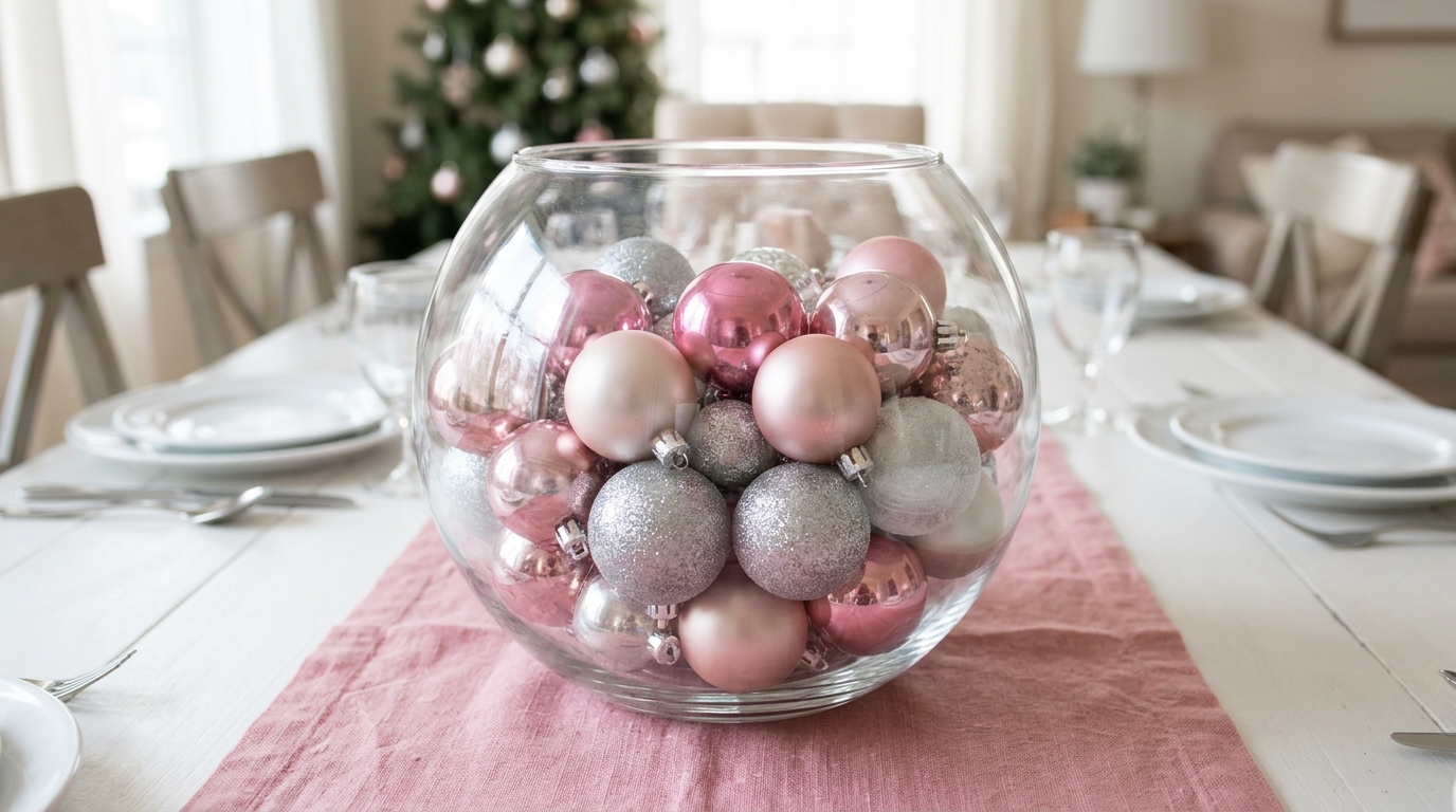 Pink Christmas decor centerpiece of a glass bowl filled with pink and silver ornaments on a white table with a pink runner