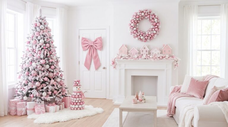 Pink Christmas decor in a white living room with a pink flocked tree, a pink bow on the door and an ornament wreath