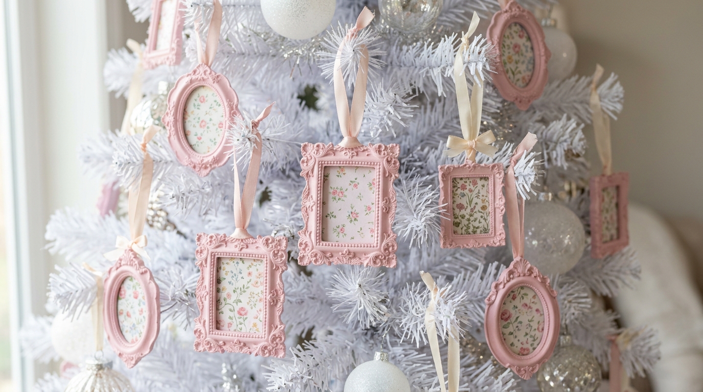 Small vintage frames painted pink hanging as ornaments on a white tree