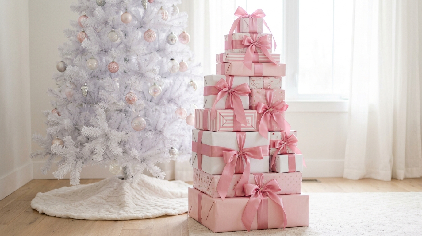 Tall stack of gift boxes wrapped in pink and white paper with pink satin bows beside a tree