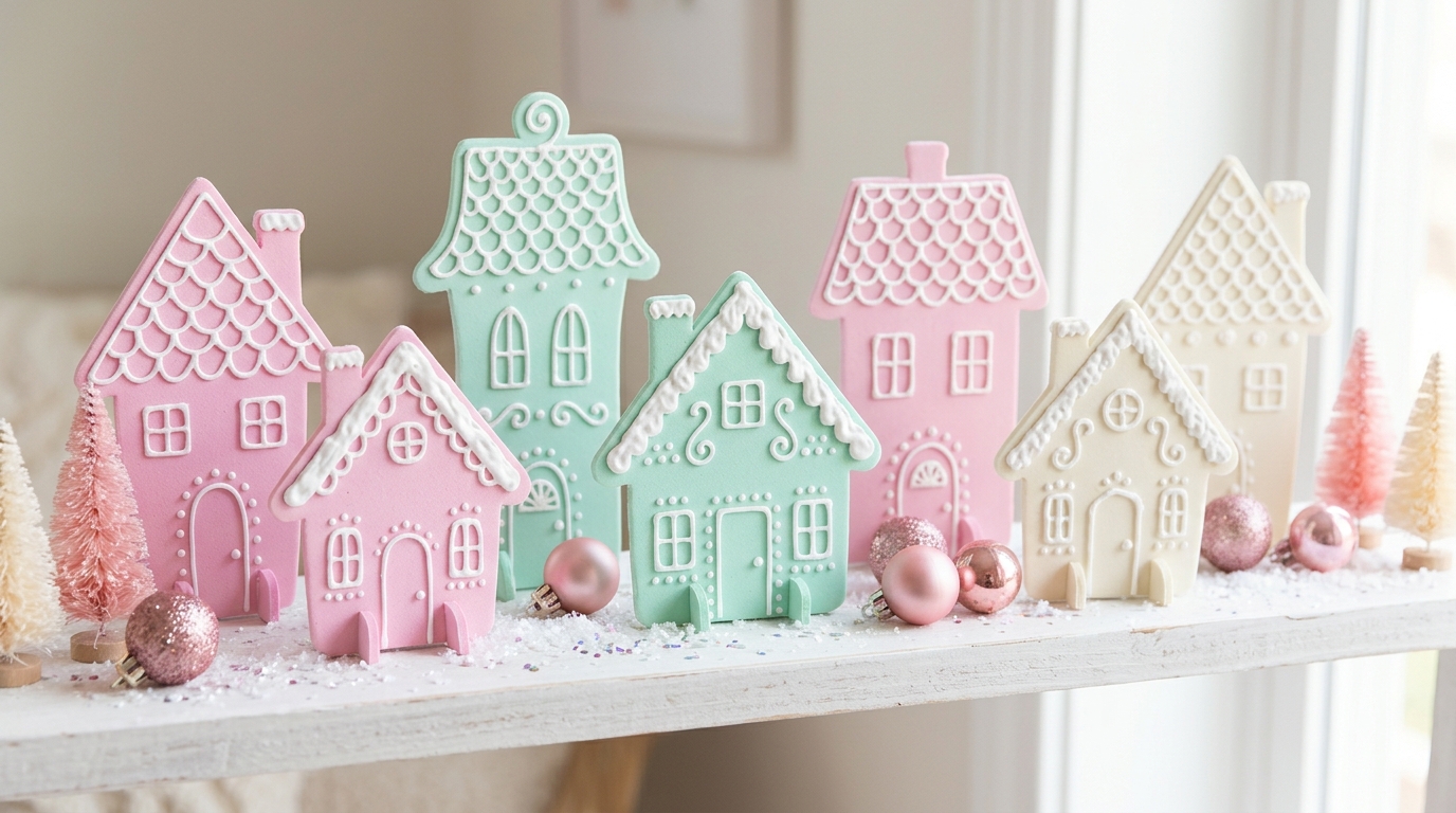 Pastel pink, mint and cream gingerbread house cutouts with white icing lines on a shelf