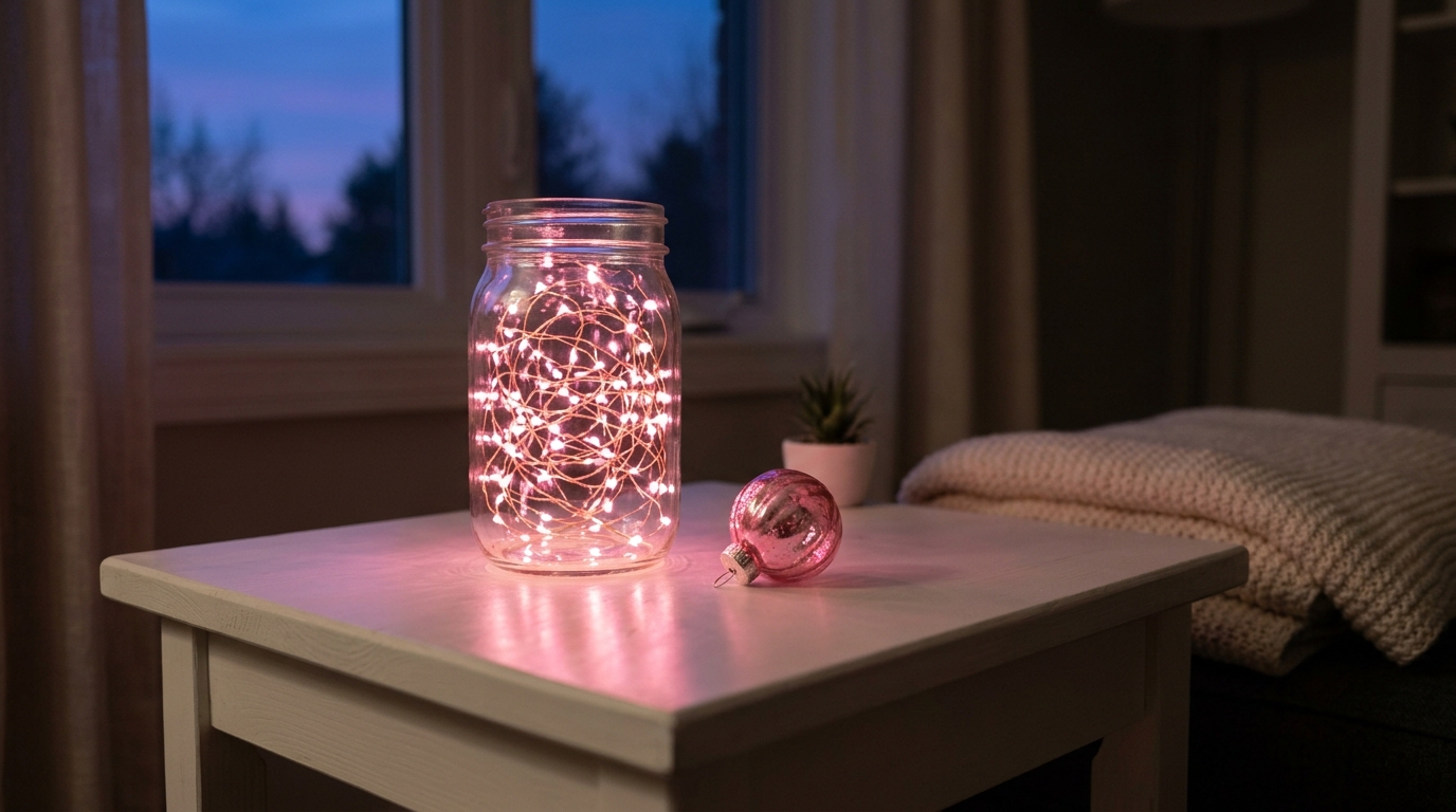 Pink Christmas decor with a clear glass jar glowing with tiny pink LED fairy lights