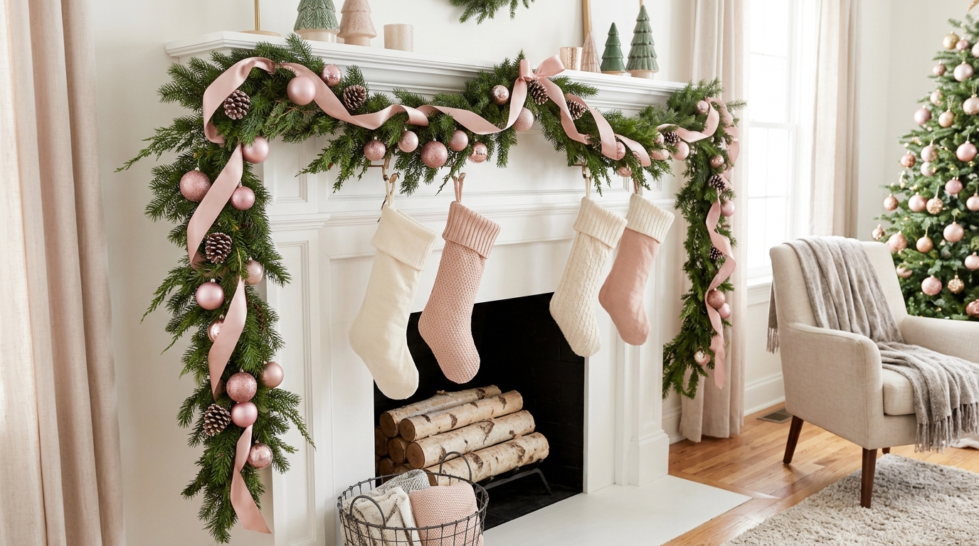 Pink Christmas decor on a white mantel with blush ribbon woven through a pine garland