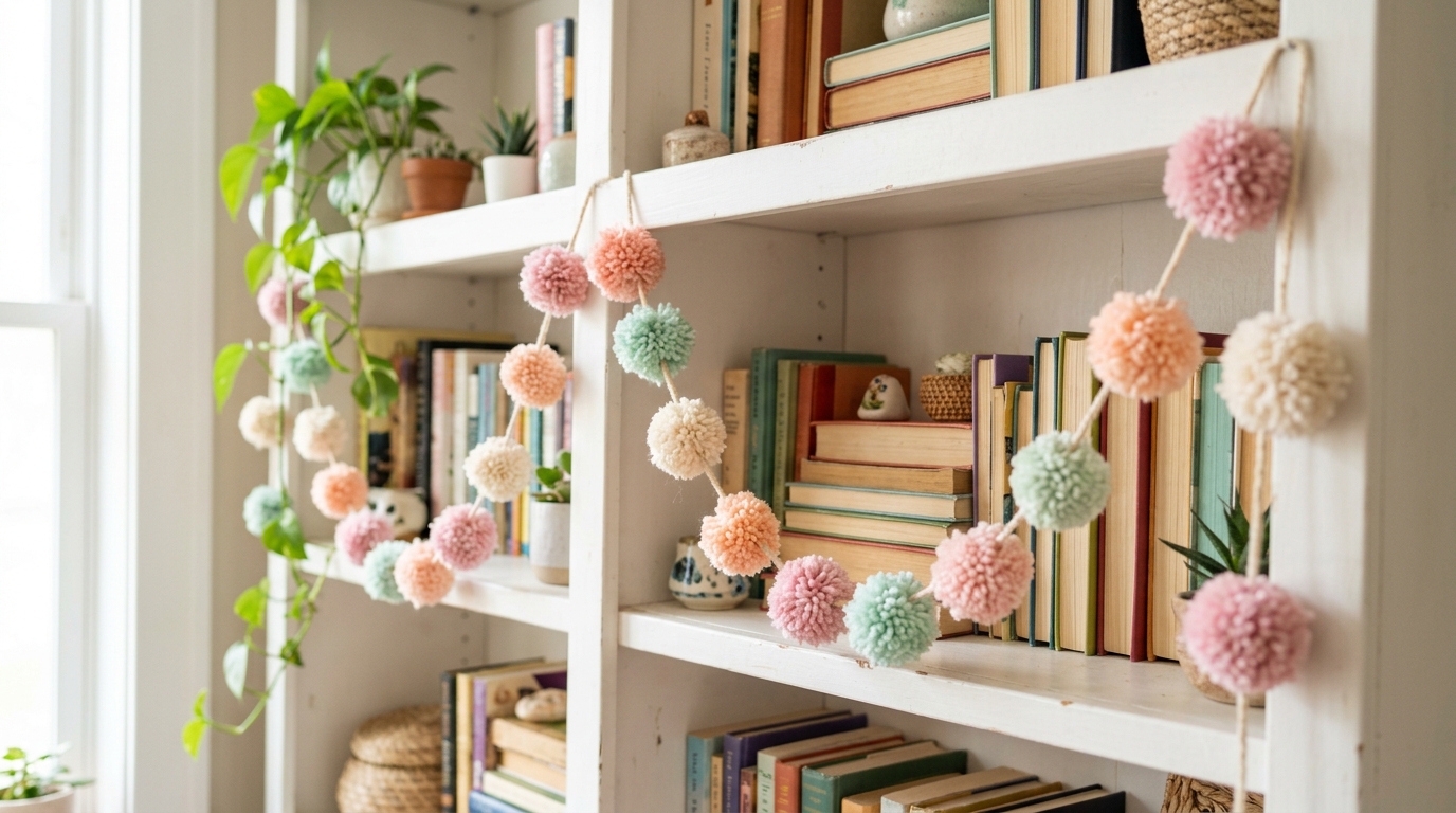 Pastel yarn pom pom garland in pink, peach, mint and cream draped on a white bookshelf