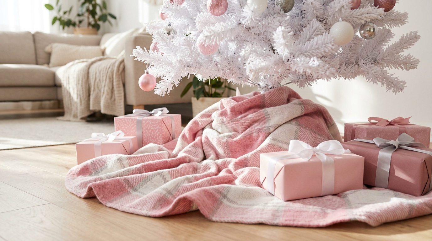 Pink and white plaid blanket wrapped around a tree base as a skirt with gifts