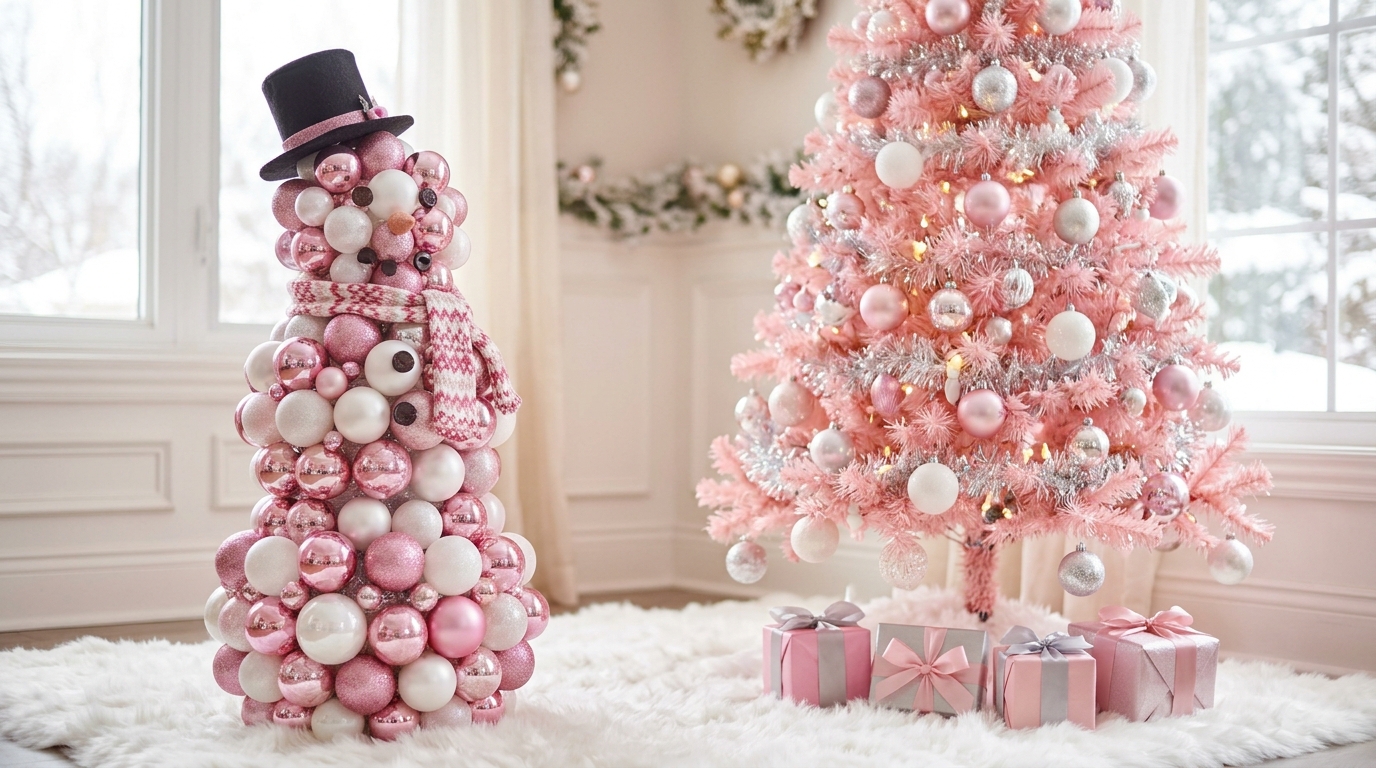 Snowman made from stacked pink and white ornaments with a knit scarf and top hat
