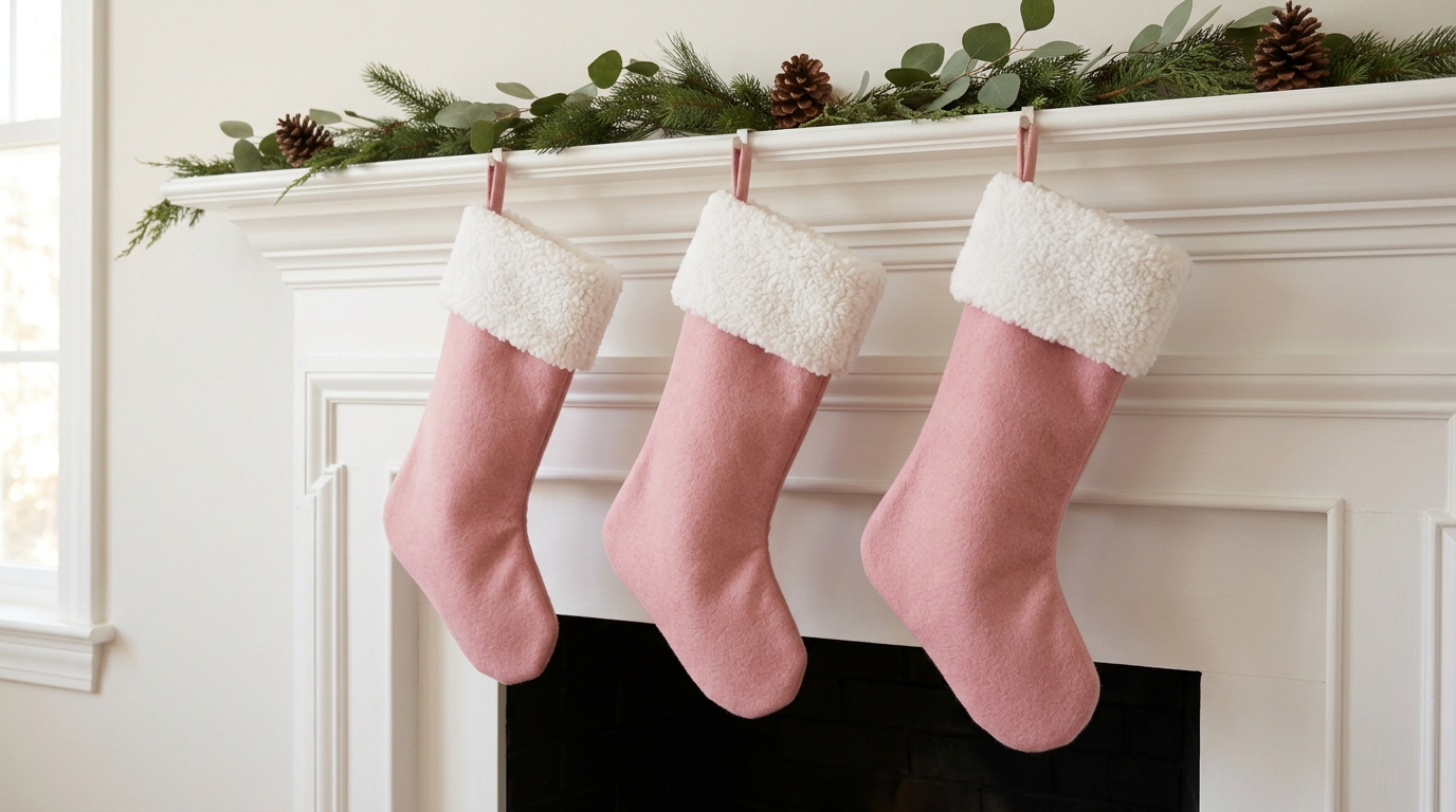 Three pink felt stockings with fluffy white cuffs hanging from a white mantel