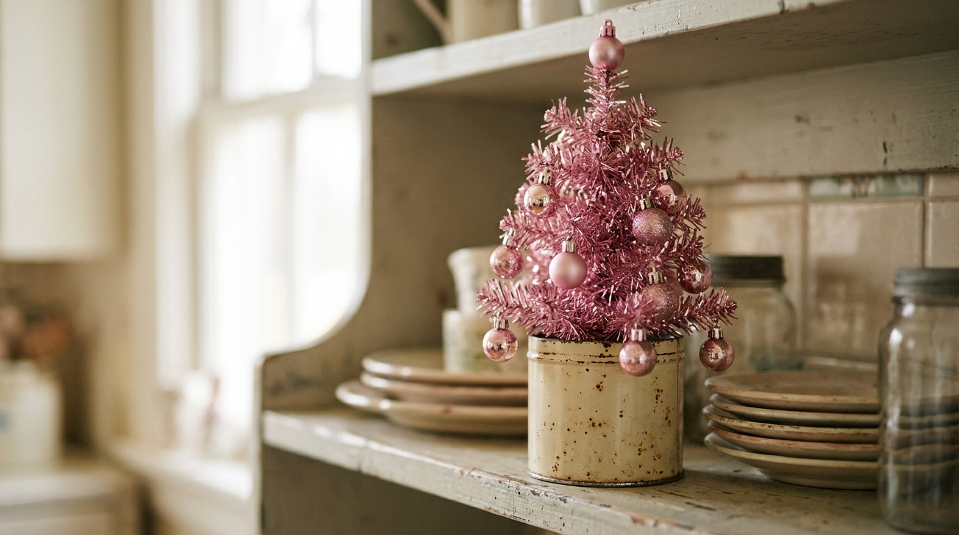 Small pink tinsel tree in a vintage cream metal tin on a kitchen shelf
