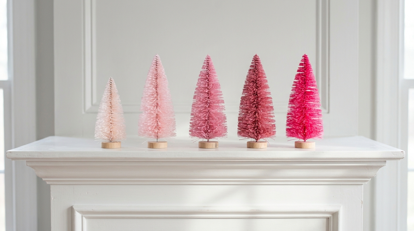 Row of bottle brush trees in shades of pink from blush to fuchsia on a white mantel