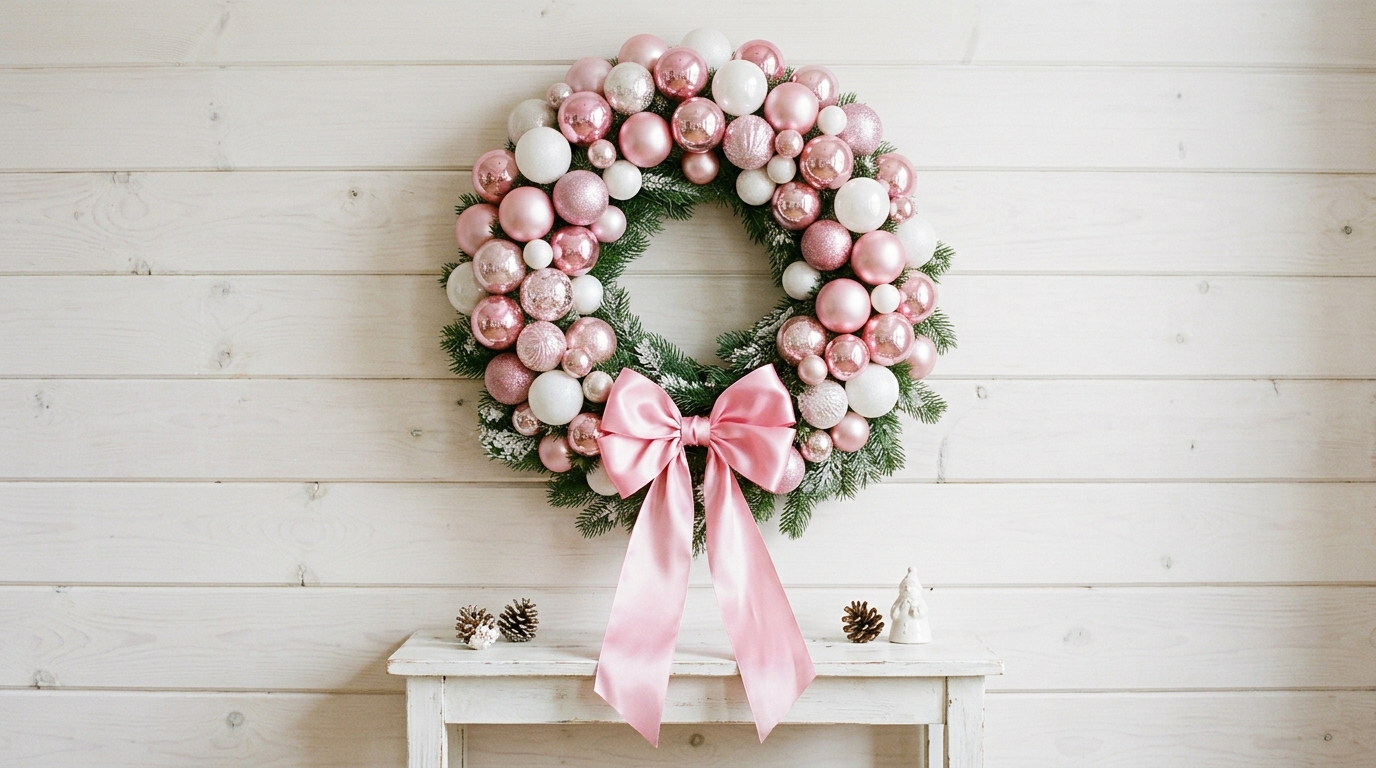 Pink Christmas decor wreath made of shiny pink and white ornaments with a satin bow