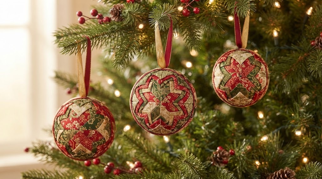 Japanese fabric art Christmas ornaments covered in red, green and gold patchwork fabric on a tree