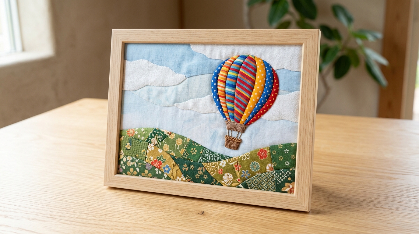 Framed Japanese fabric art of a hot air balloon over patchwork hills in green and gold
