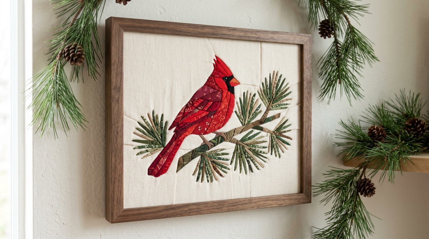 Framed fabric mosaic of a red cardinal on a branch made from red and green print scraps on cream