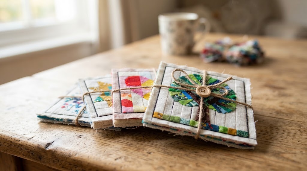 Four small square fabric mosaic panels with a star, snowflake, heart and tree tied with twine