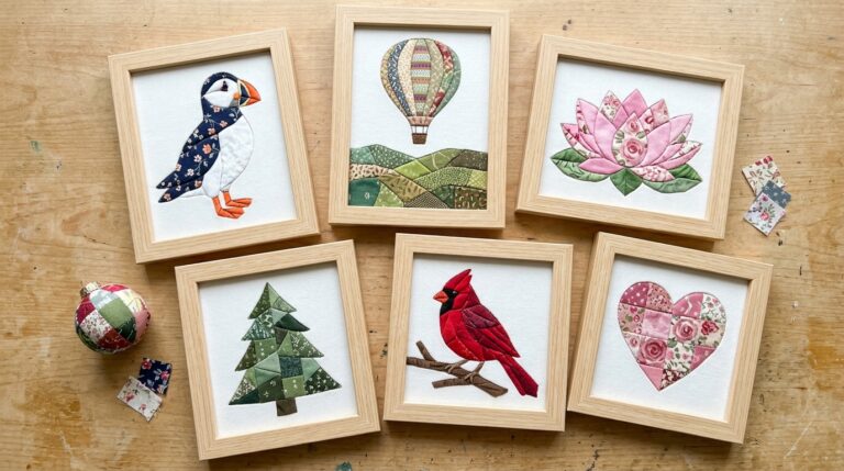 Japanese fabric art in six frames showing a puffin, a hot air balloon, a lotus, a tree, a cardinal and a heart