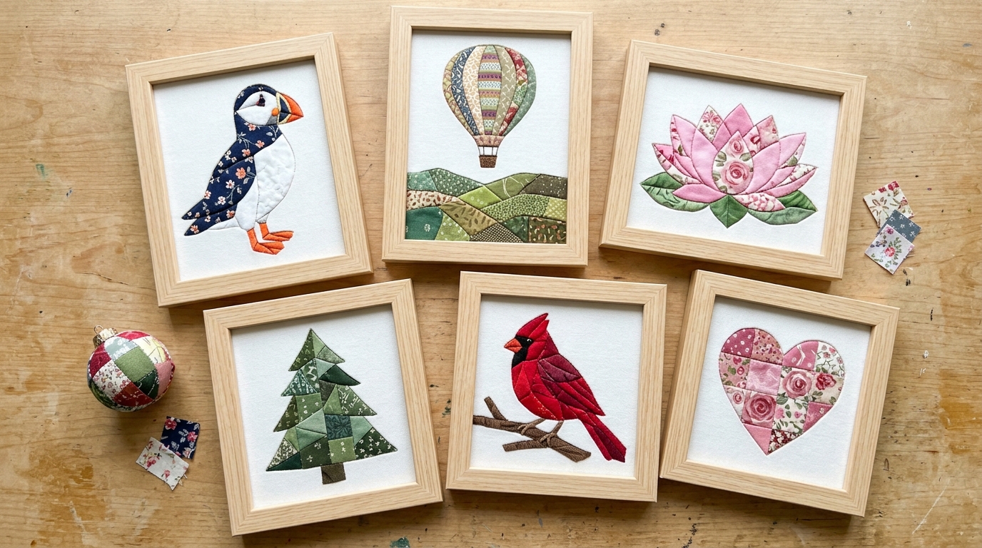 Japanese fabric art in six frames showing a puffin, a hot air balloon, a lotus, a tree, a cardinal and a heart