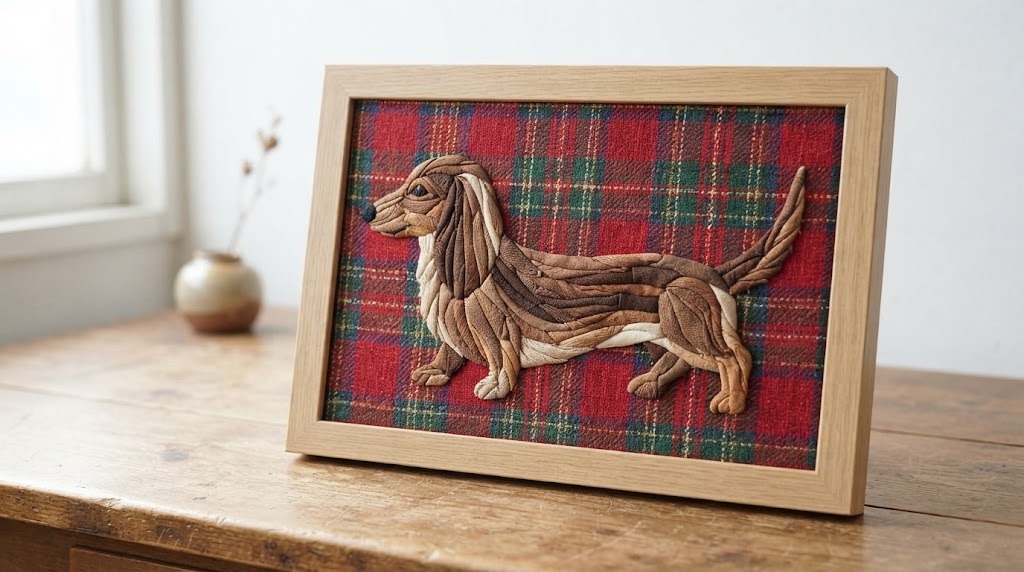 Framed kinusaiga picture of a brown sausage dog made of fabric scraps on a red and green plaid background