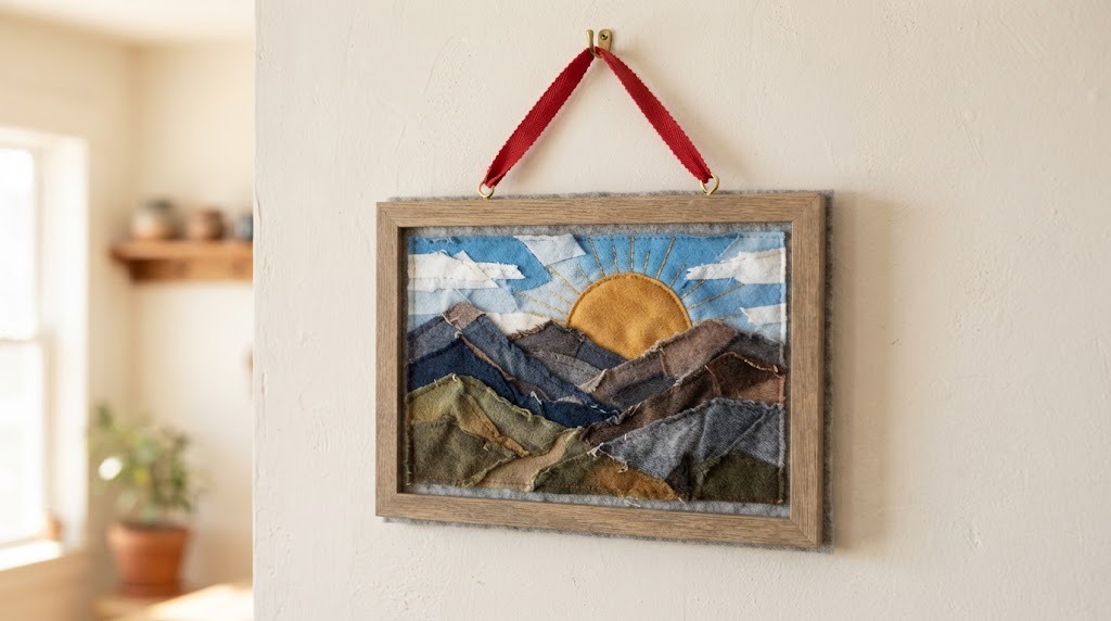 Finished fabric mosaic of mountains and a sun hung on a white wall with a red ribbon hanger