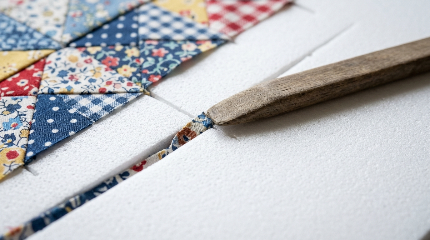 Close up of printed cotton fabric tucked into scored grooves on a white foam board with a wooden tool