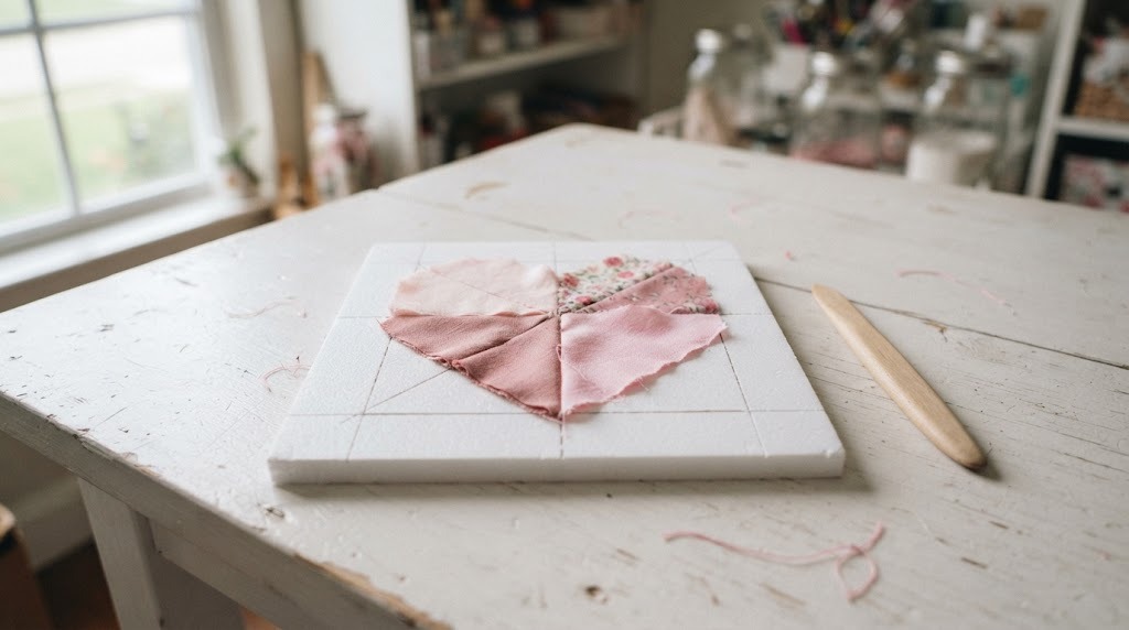 Japanese fabric art heart made from four pink cotton scraps on a white board beside a wooden tool