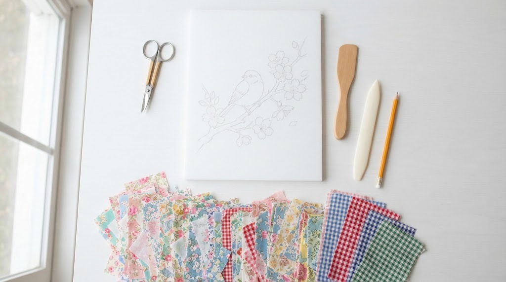 Japanese fabric art starter supplies with foam board, a wooden tool, scissors and cotton scraps
