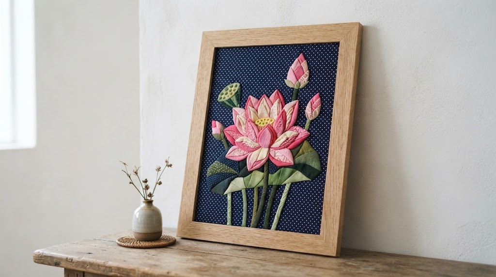 Framed Japanese fabric art of a pink lotus flower on a dotted navy fabric background