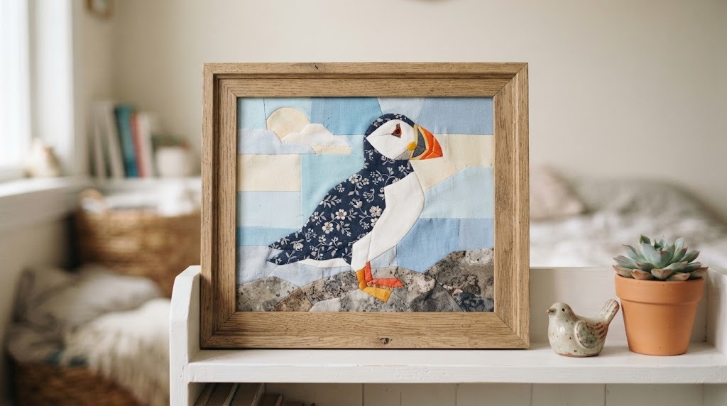 Framed kinusaiga picture of a puffin made from navy floral, white and orange fabric scraps
