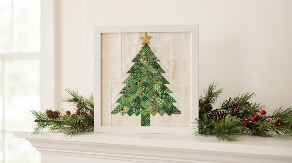 Square fabric mosaic panel of a patchwork Christmas tree with a gold star on a white mantel