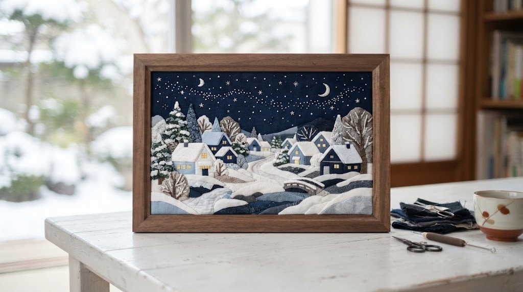 Framed fabric mosaic of a snowy village with little houses in white, pale blue and navy under a starry sky