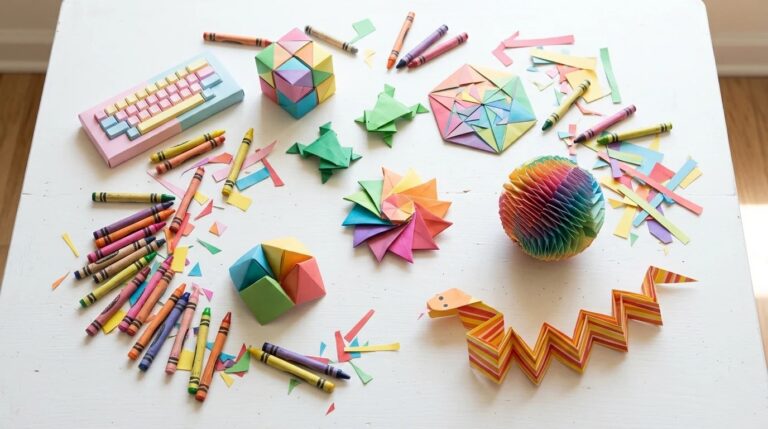 Paper fidget toys including a paper keyboard, flip cubes, an origami frog, a magic ball and a paper snake on a white table