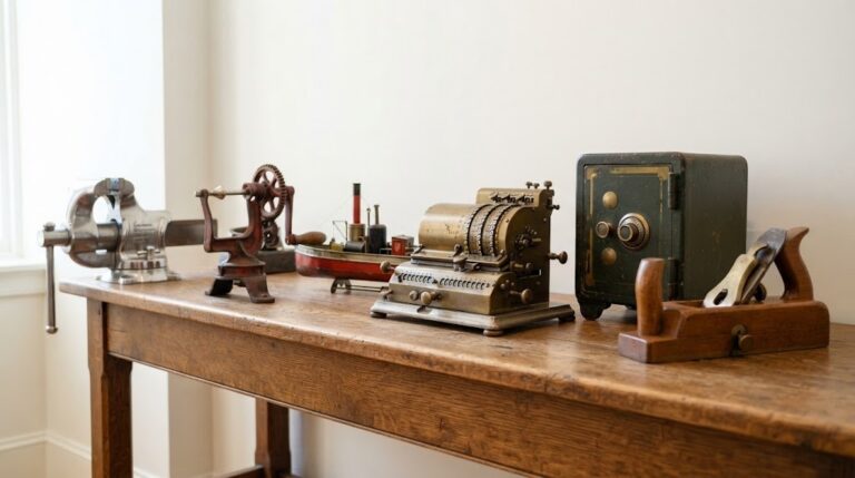 Forgotten antique machines on a display table with a polished vise, an apple peeler, a steam boat and a safe