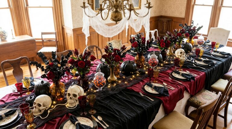 Halloween dinner party table with black and red linens, roses, black pumpkins, skulls and candy jars under a cobweb chandelier
