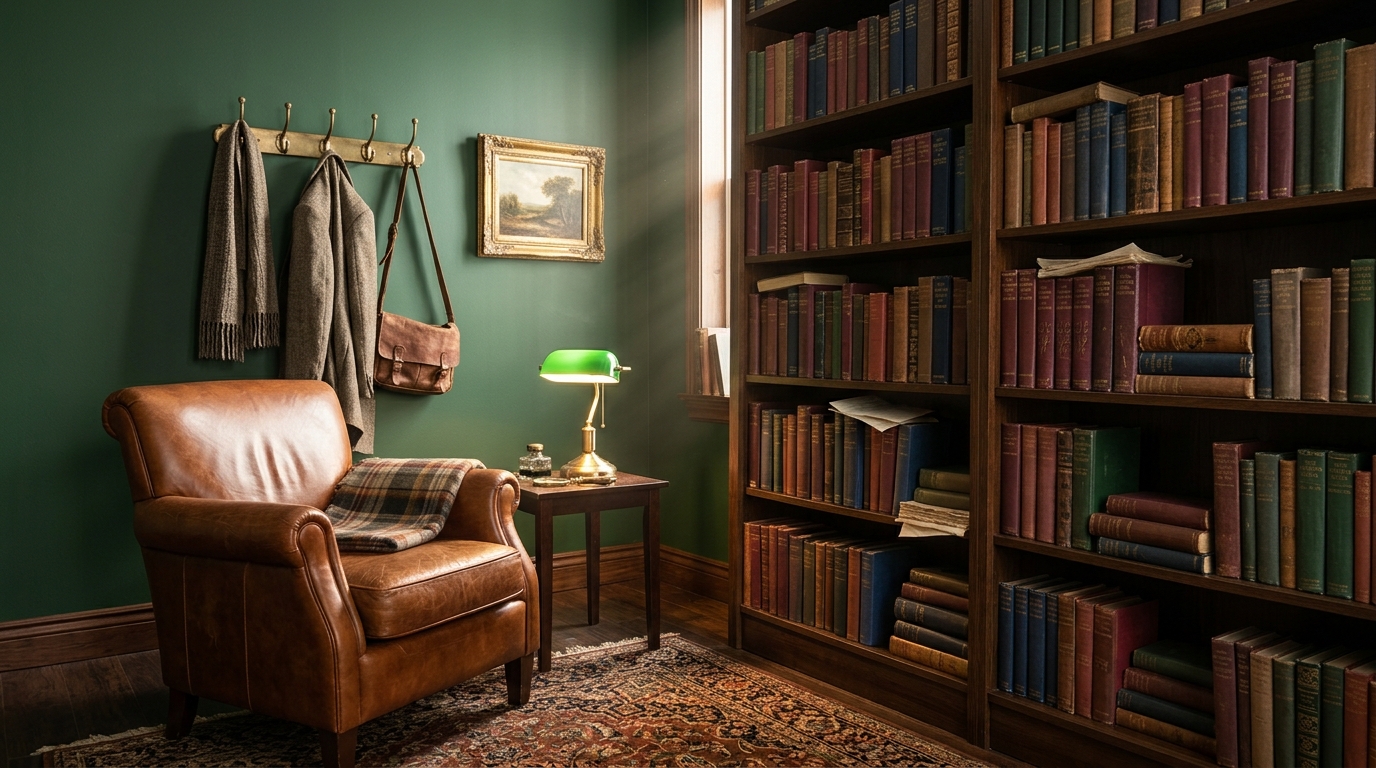 Nerdforge fantasy builds inspired dark academia corner with green walls, books and an armchair