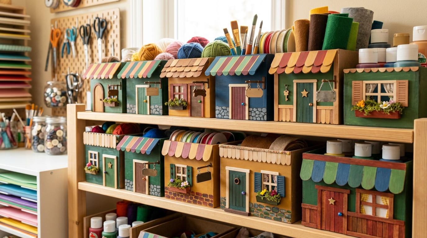 Nerdforge fantasy builds idea of craft bins decorated like tiny painted shop fronts