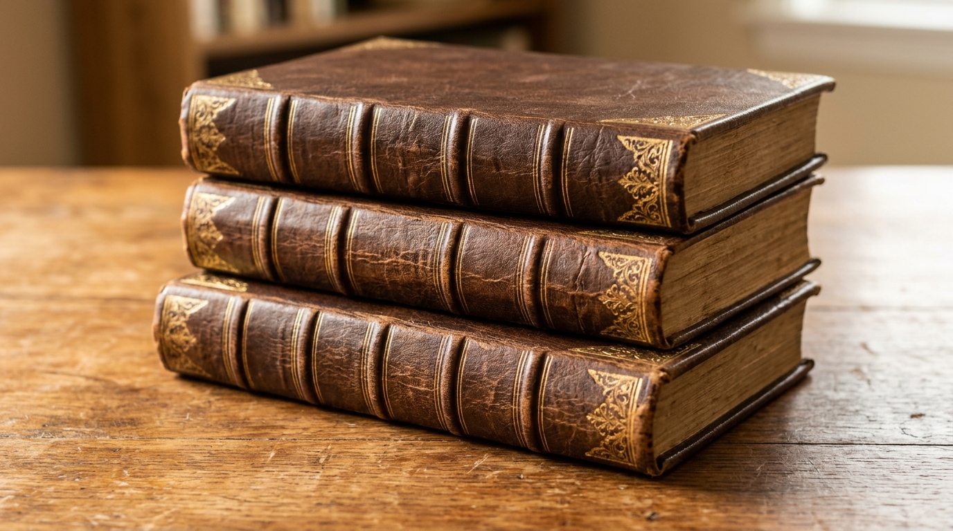 Old hardback books recovered in brown faux leather paper with gold corners