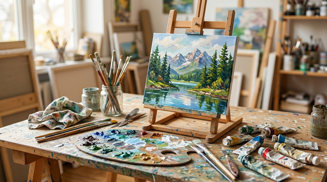 Small canvas painting of mountains, pines and a lake on a tabletop easel